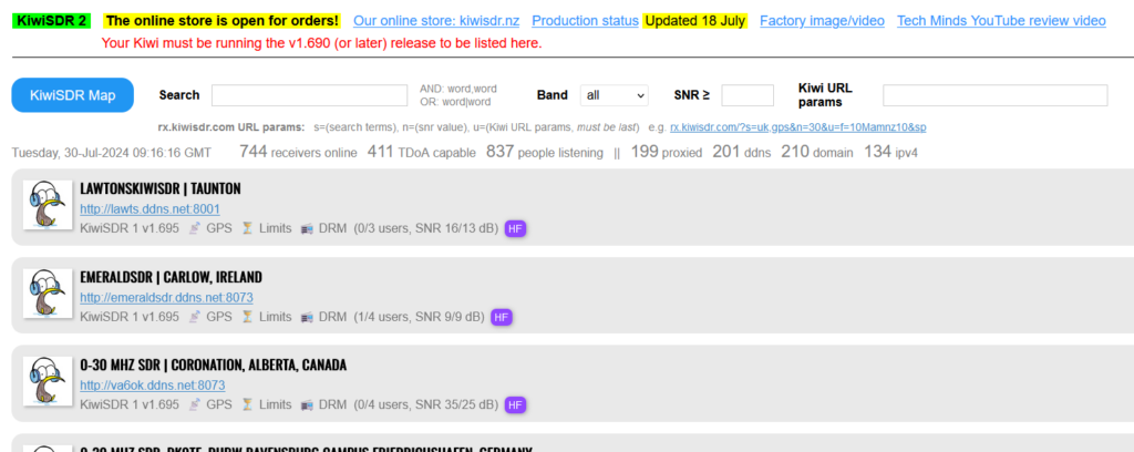 Kiwi-SDR Liste der Empfänger